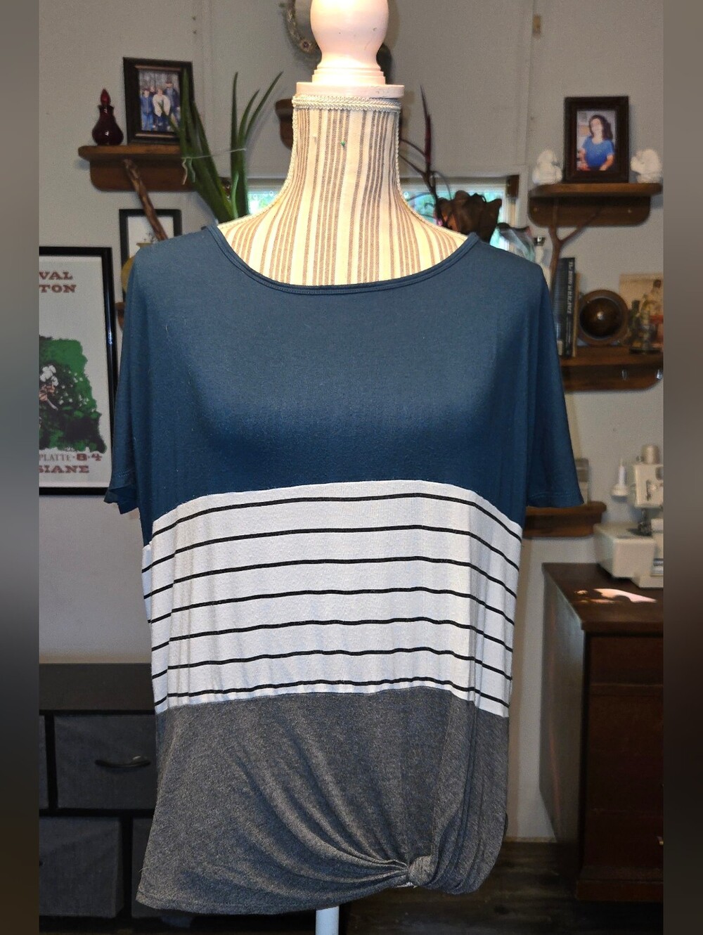 Striped Colorblock Short Sleeve Tee - Blue/White/Gray
